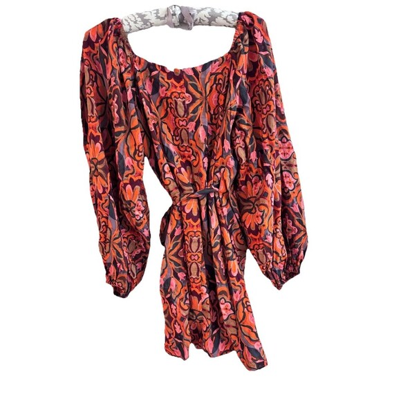 Dress Forum LA Wrap Dress Orange Pink Floral Paisley Long Balloon Sleeves Small - Picture 3 of 6